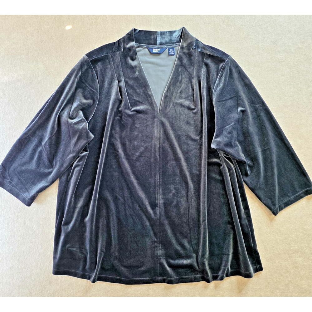 Lands End Velvet Tunic Top Sz 3X Blue V Neck Popover Classic Career‎ Stretch